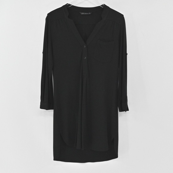 ZARA Shirt Dress Size S Black VNeck Whimsical Preppy Relaxed‎ Roll Tab Sleeve - Picture 2 of 13